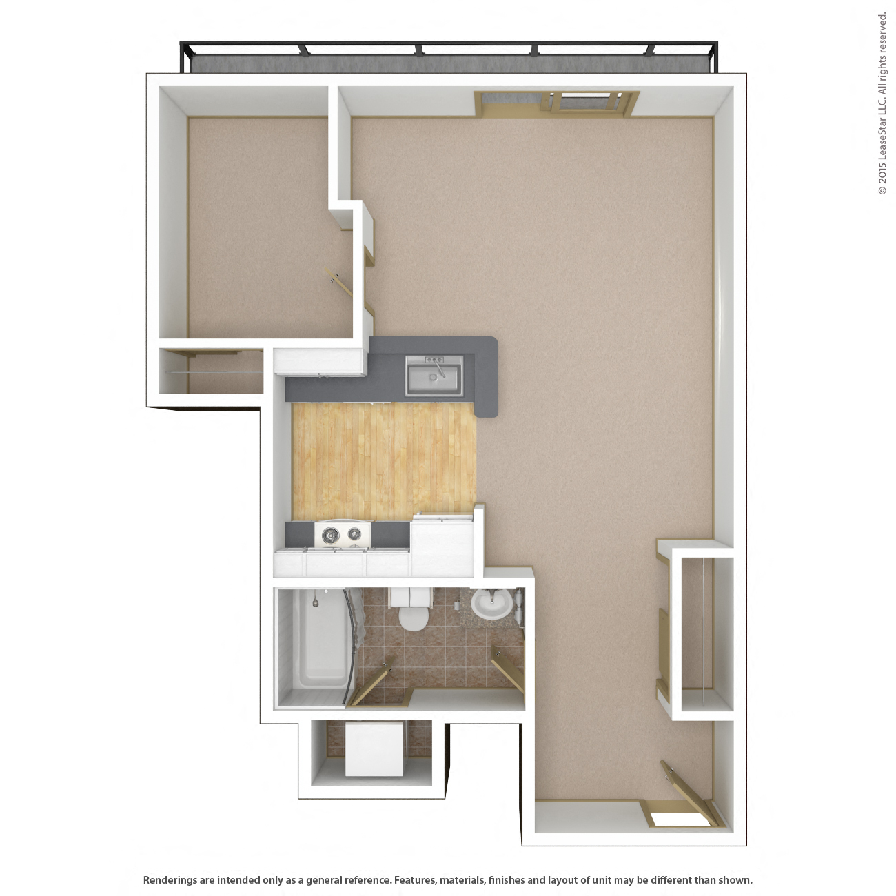 Floor plan for 1 bed, 1 bath, 702 sqft