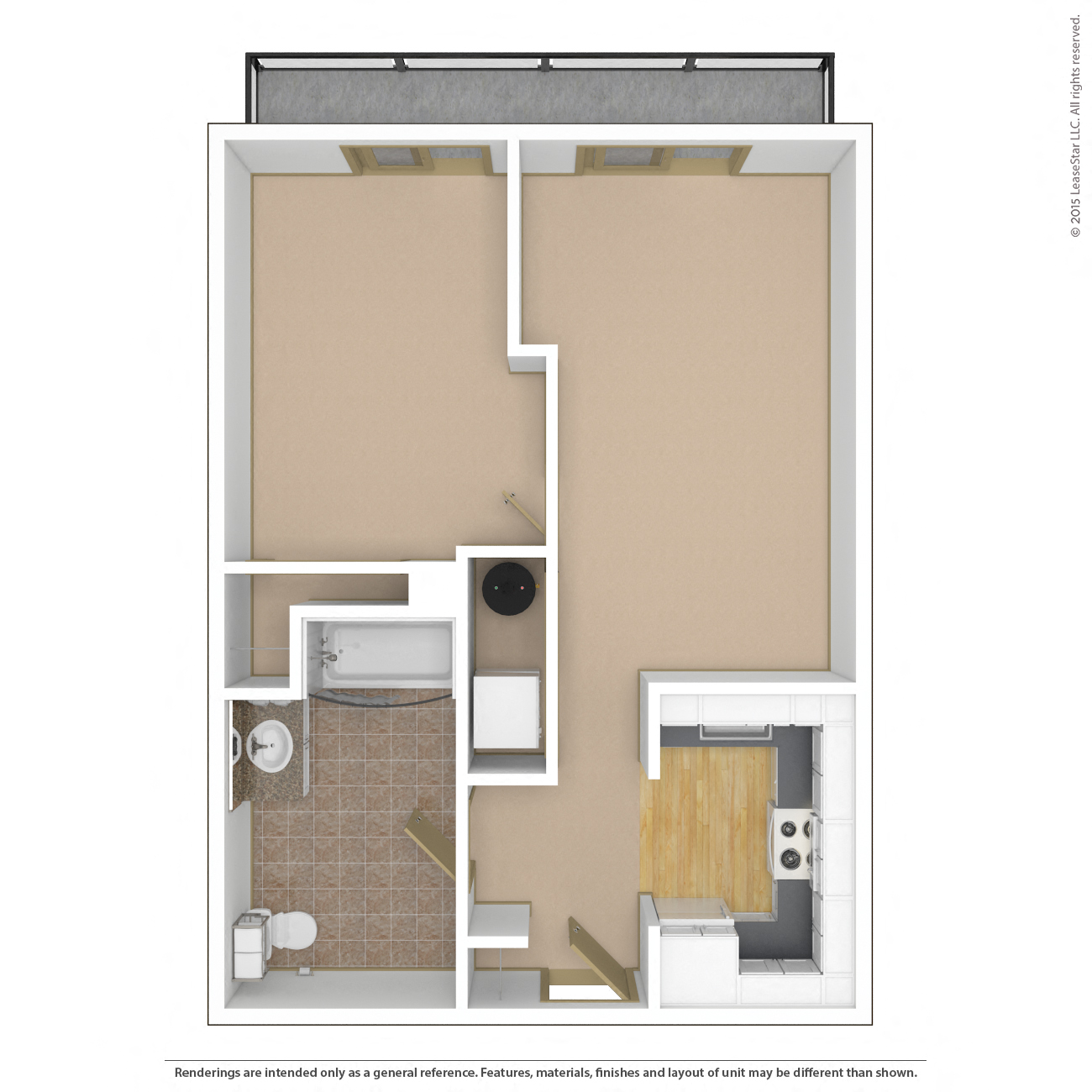 Floor plan for 1 bed, 1 bath, 722 sqft