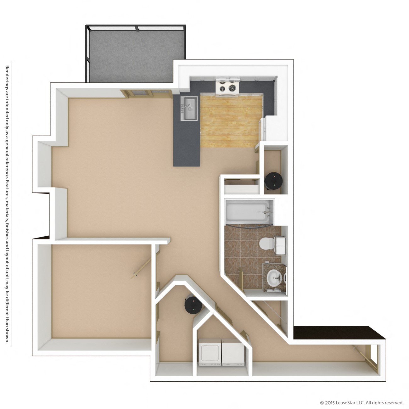 Floor plan for 1 bed, 1 bath, 735 sqft