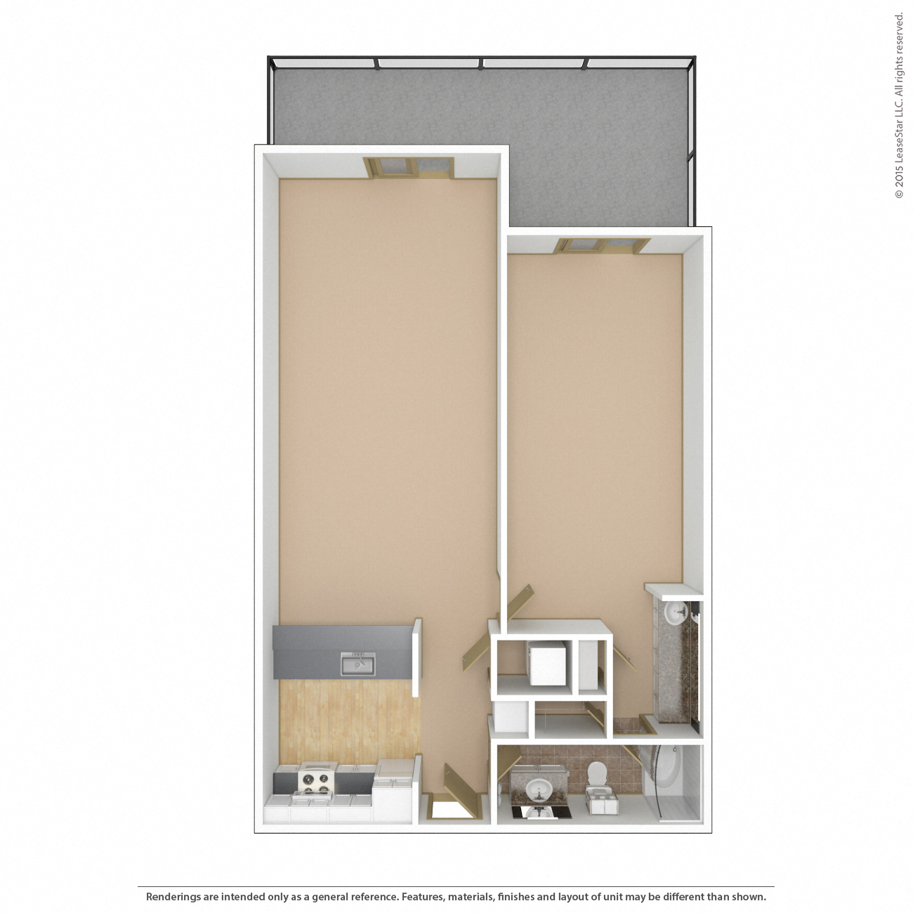 Floor plan for 1 bed, 1 bath, 695 sqft