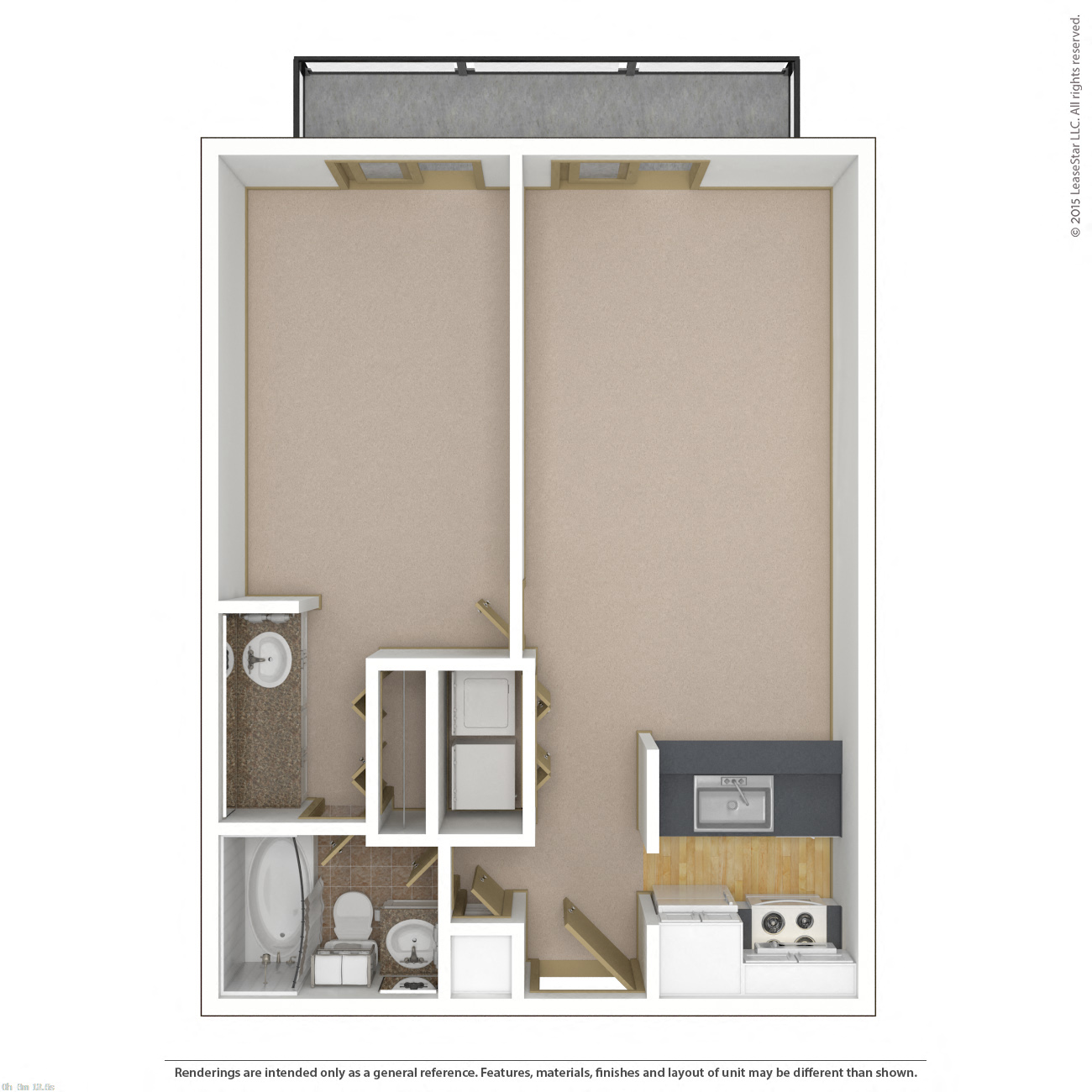 Floor plan for 1 bed, 1 bath, 686 sqft