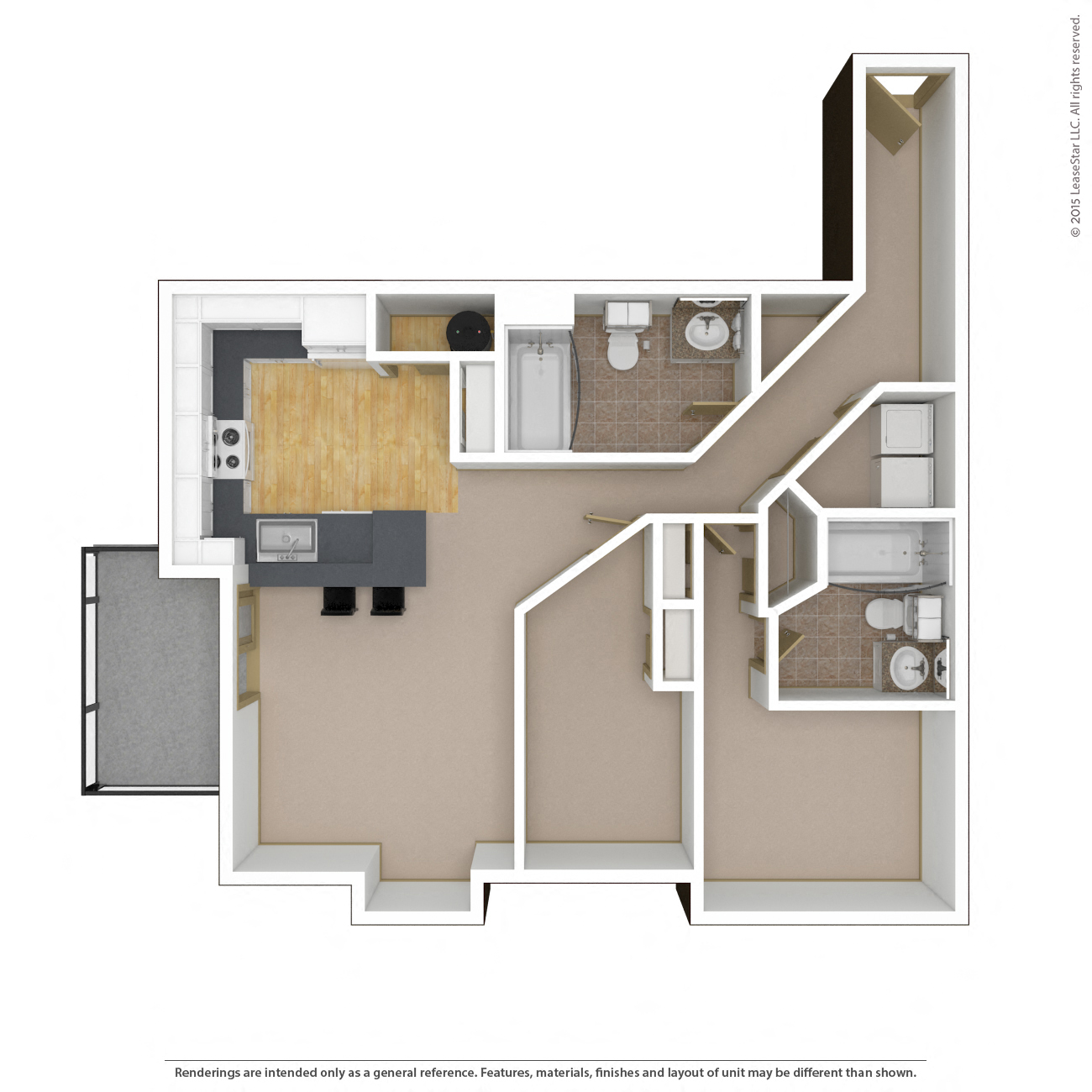 Floor plan for 2 beds, 2 baths, 930 sqft