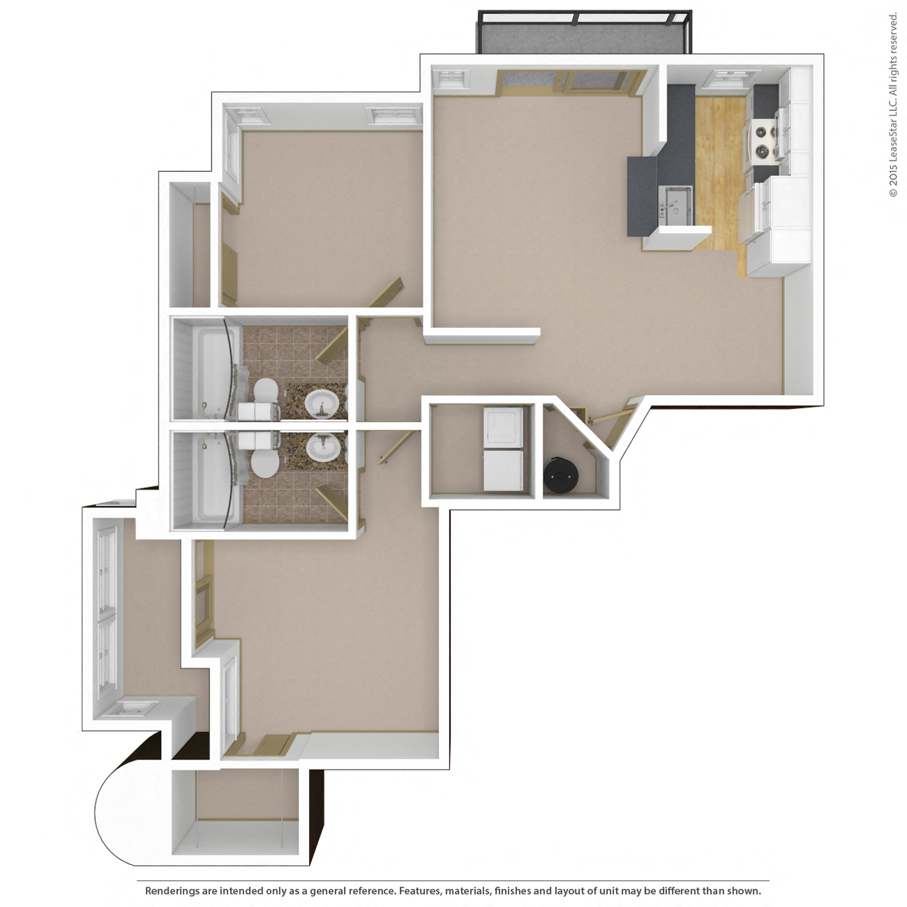 Floor plan for 2 beds, 2 baths, 974 sqft