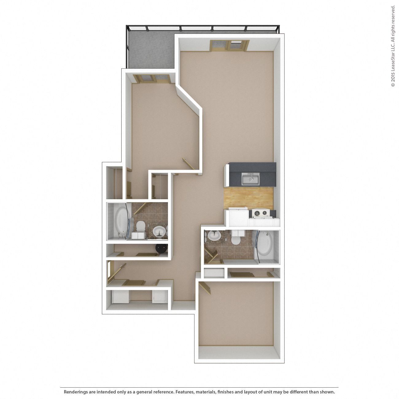 Floor plan for 2 beds, 2 baths, 1019 sqft