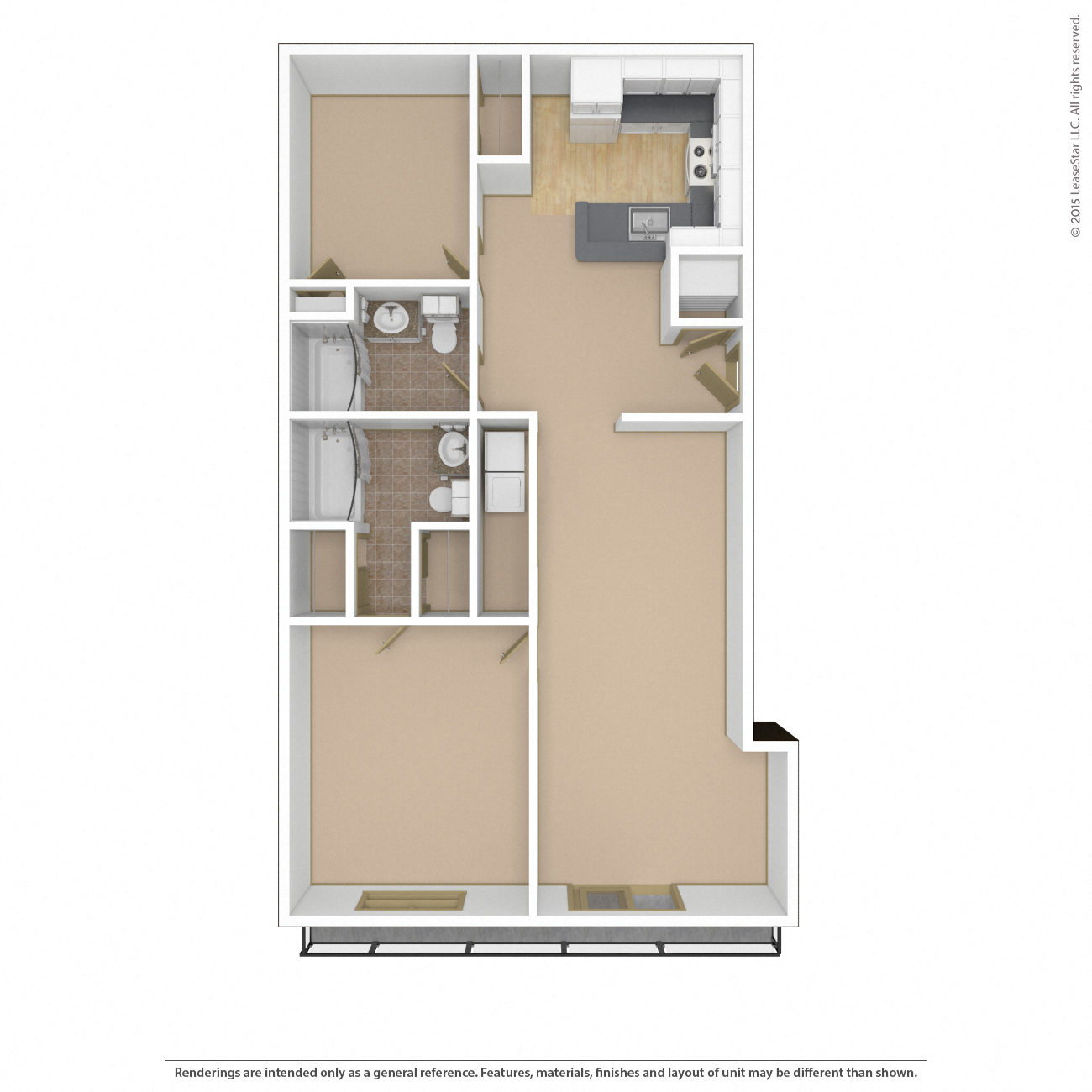 Floor plan for 2 beds, 2 baths, 1069 sqft