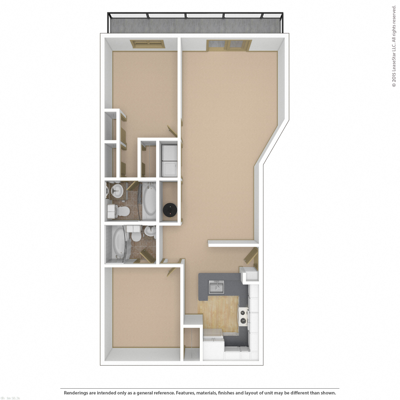 Floor plan for 2 beds, 2 baths, 1019 sqft