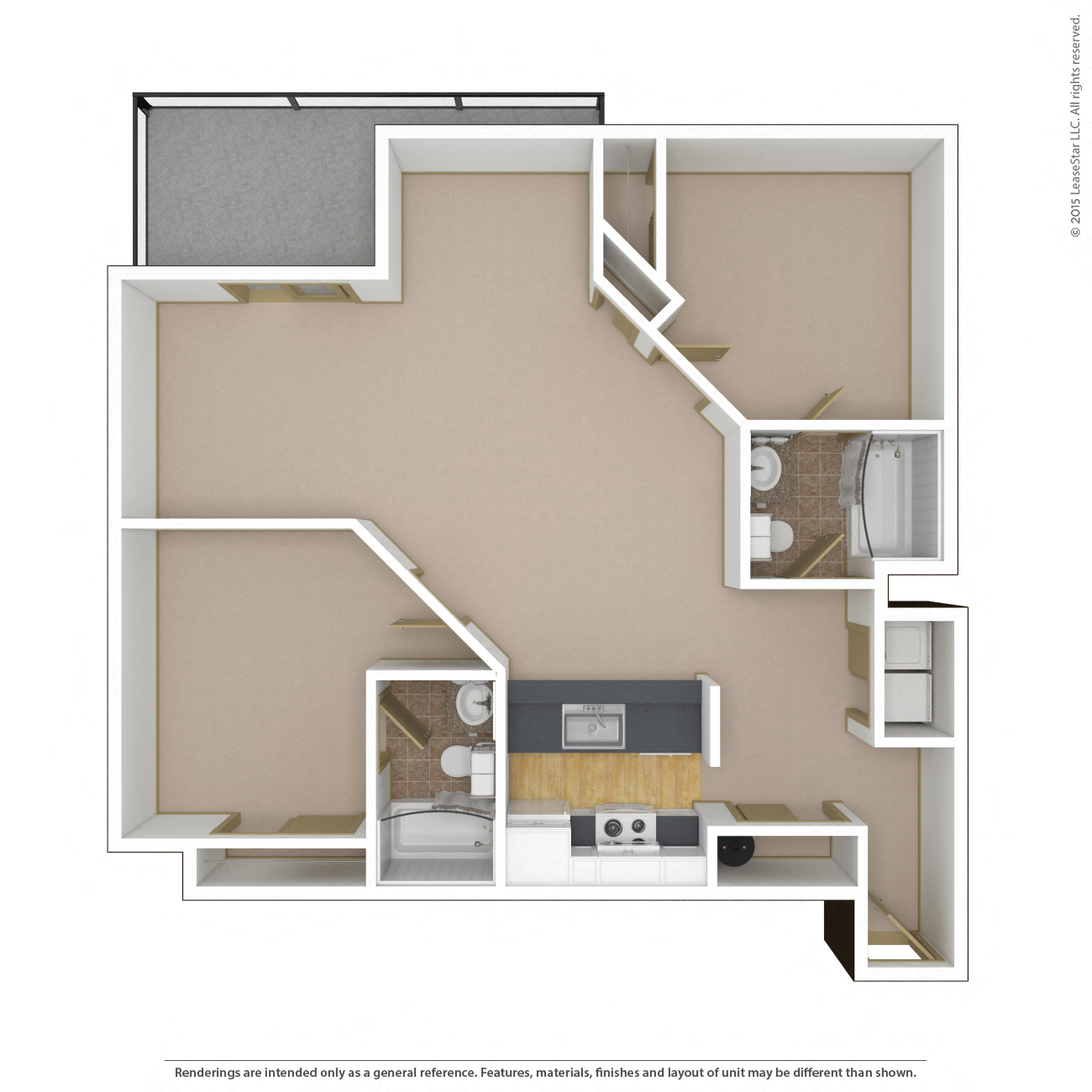 Floor plan for 2 beds, 2 baths, 933 sqft