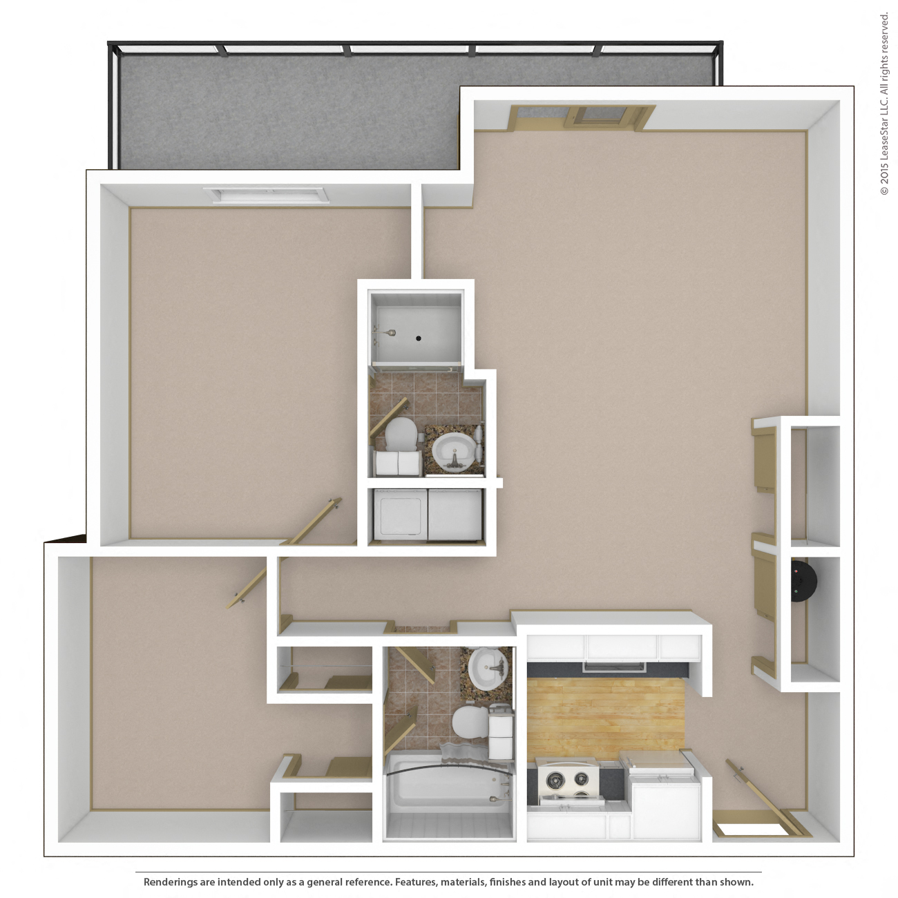 Floor plan for 2 beds, 2 baths, 983 sqft