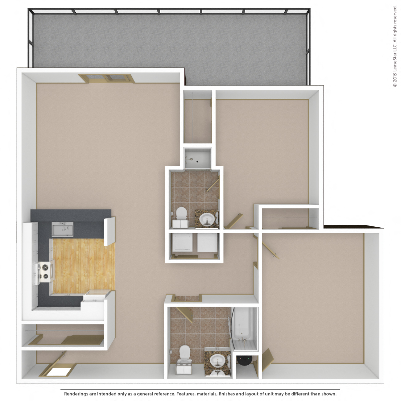 Floor plan for 2 beds, 2 baths, 983 sqft