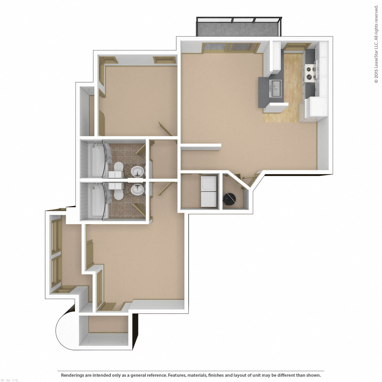 Floor plan for 2 beds, 2 baths, 969 sqft