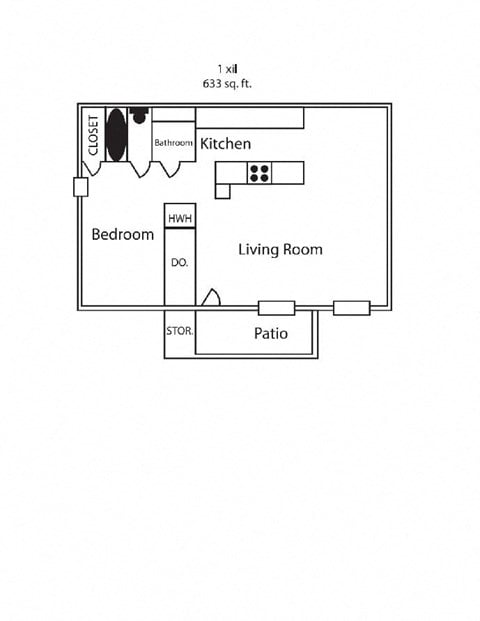Floor plan for 1 bed, 1 bath, 633 sqft