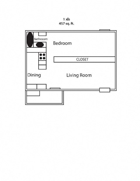 Floor plan for 1 bed, 1 bath, 457 sqft