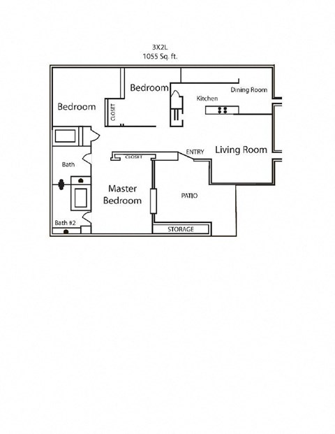 Floor plan for 3 beds, 2 baths, 1055 sqft