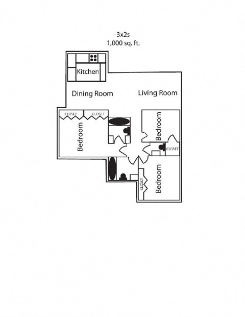 Floor plan for 3 beds, 2 baths, 1000 sqft