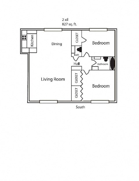 Floor plan for 2 beds, 1 bath, 827 sqft