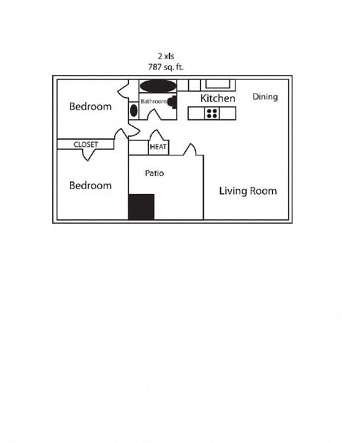 Floor plan for 2 beds, 1 bath, 787 sqft