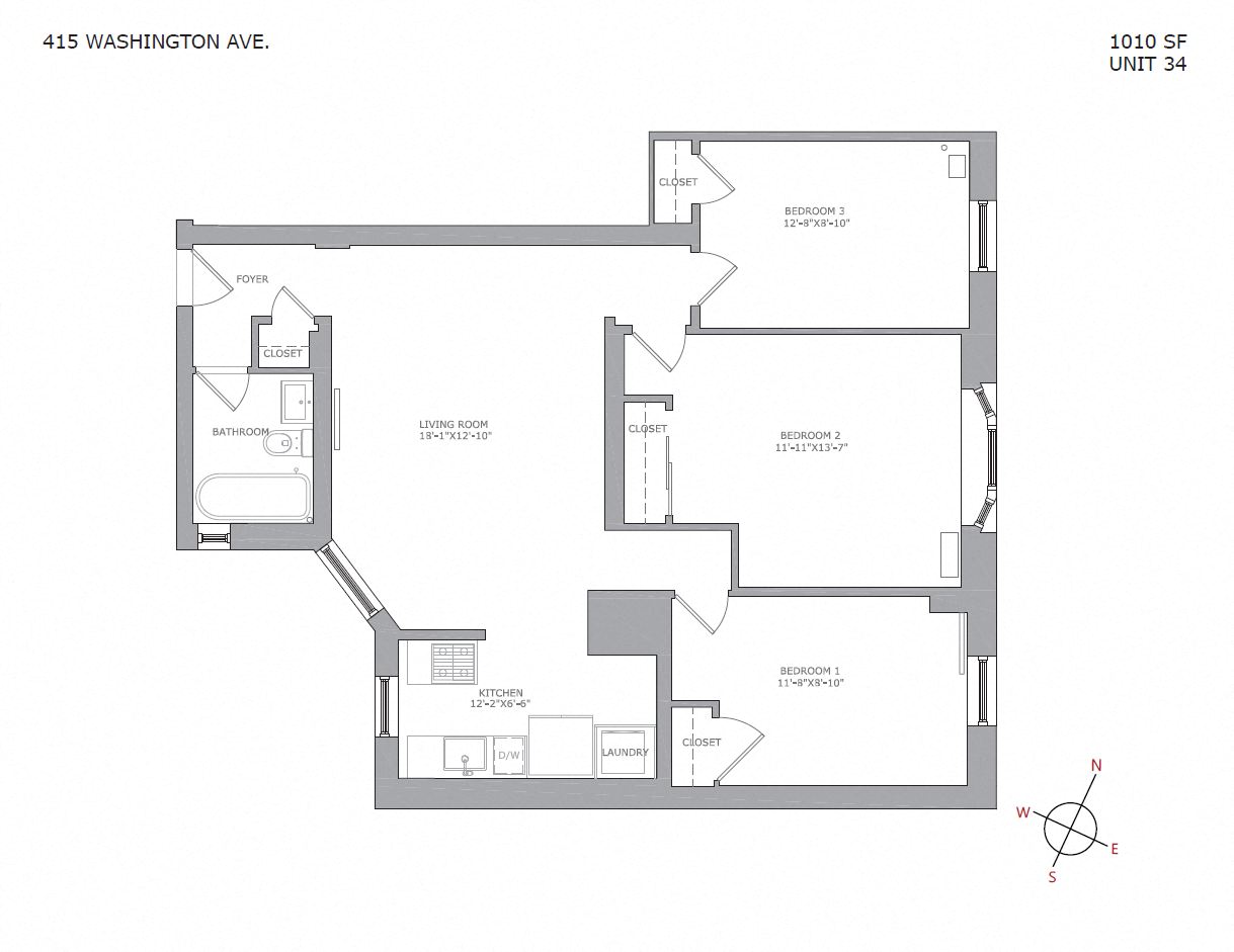 Floor plan for 3 beds, 1 bath, 1100 sqft
