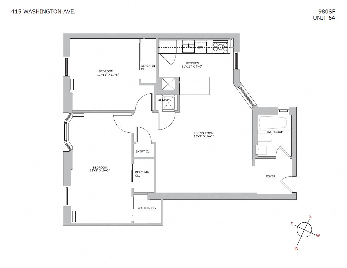 Floor plan for 2 beds, 1 bath, 1000 sqft