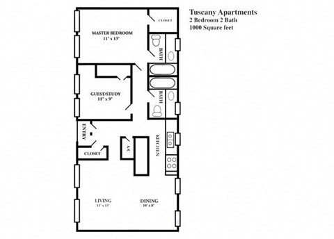 Floor plan for 2 beds, 2 baths, 1000 sqft