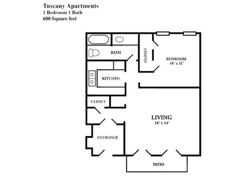 Floor plan for 1 bed, 1 bath, 680 sqft