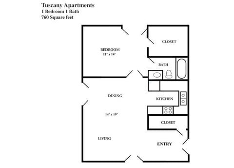 Floor plan for 1 bed, 1 bath, 760 sqft