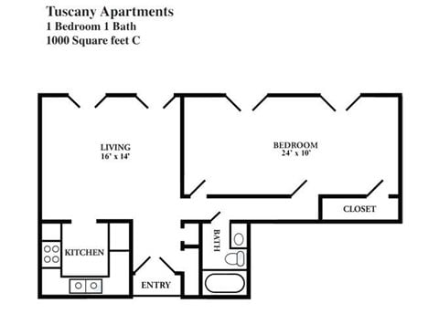 Floor plan for 1 bed, 1 bath, 1000 sqft