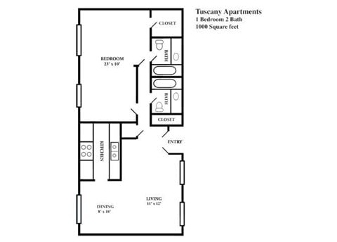 Floor plan for 1 bed, 2 baths, 1000 sqft