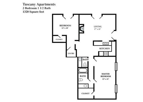 Floor plan for 2 beds, 1.5 baths, 1320 sqft