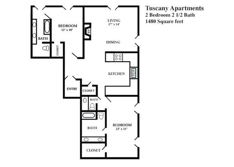 Floor plan for 2 beds, 2.5 baths, 1480 sqft