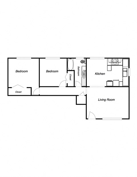 Floor plan for 2 beds, 1 bath, 995 sqft