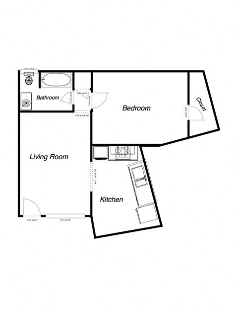 Floor plan for 1 bed, 1 bath, 895 sqft