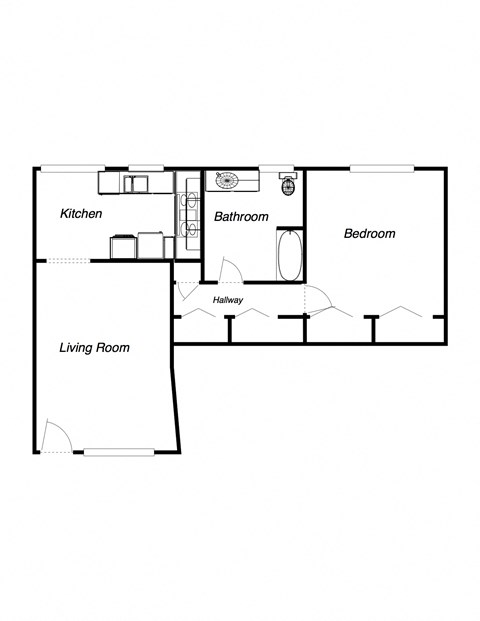 Floor plan for 1 bed, 1 bath, 895 sqft