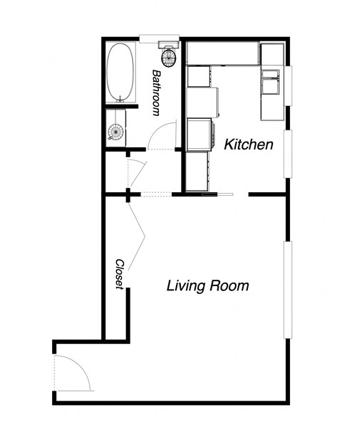 Floor plan for studio, 1 bath, 595 sqft