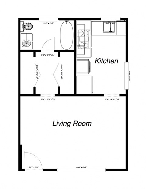 Floor plan for studio, 1 bath, 595 sqft