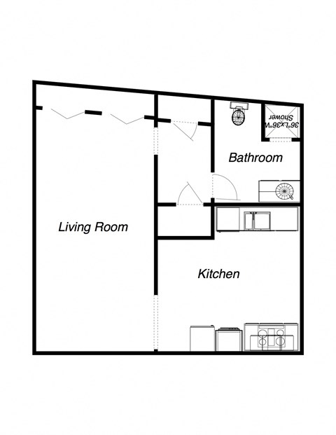 Floor plan for studio, 1 bath, 595 sqft