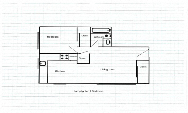 Floor plan for 1 bed, 1 bath, 714 sqft