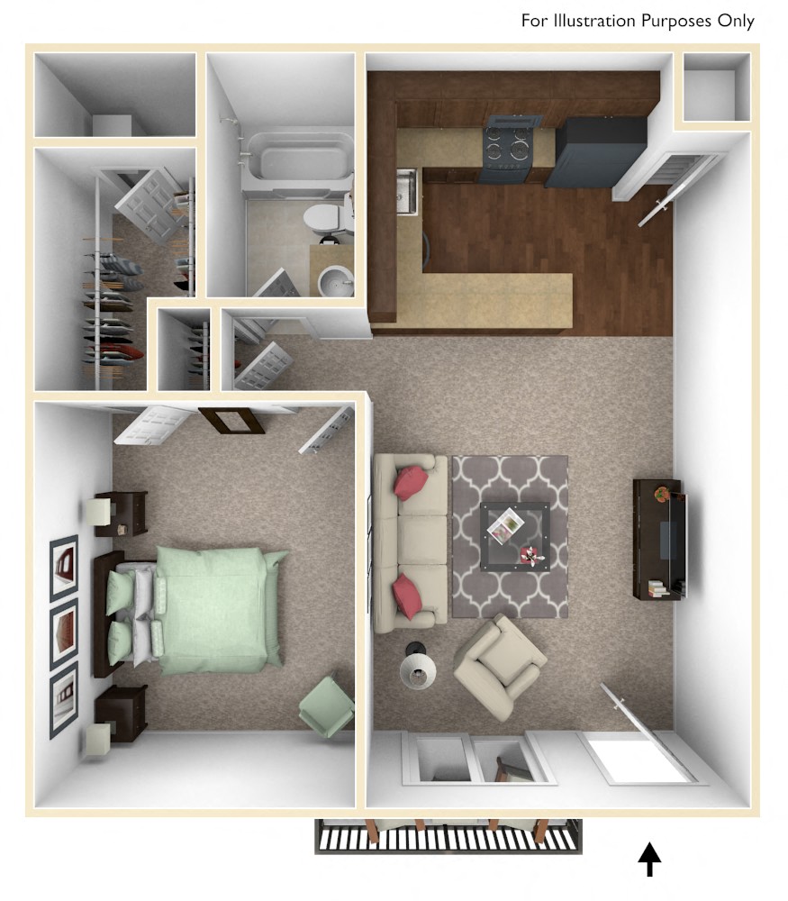 Floor plan for 1 bed, 1 bath, 620 sqft
