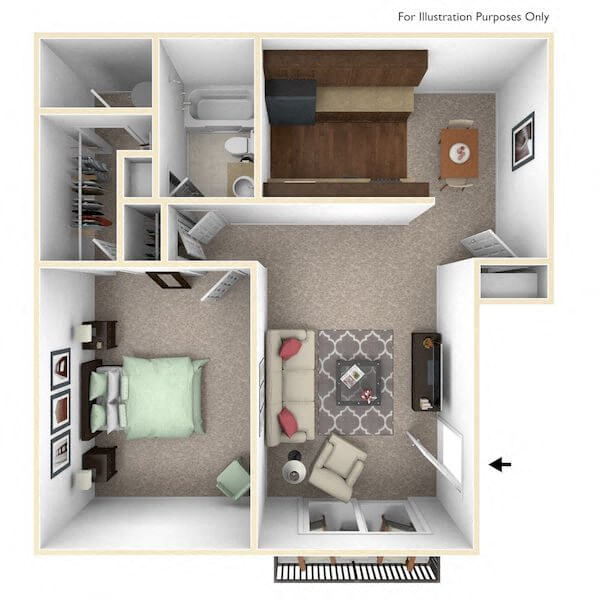 Floor plan for 1 bed, 1 bath, 650 sqft