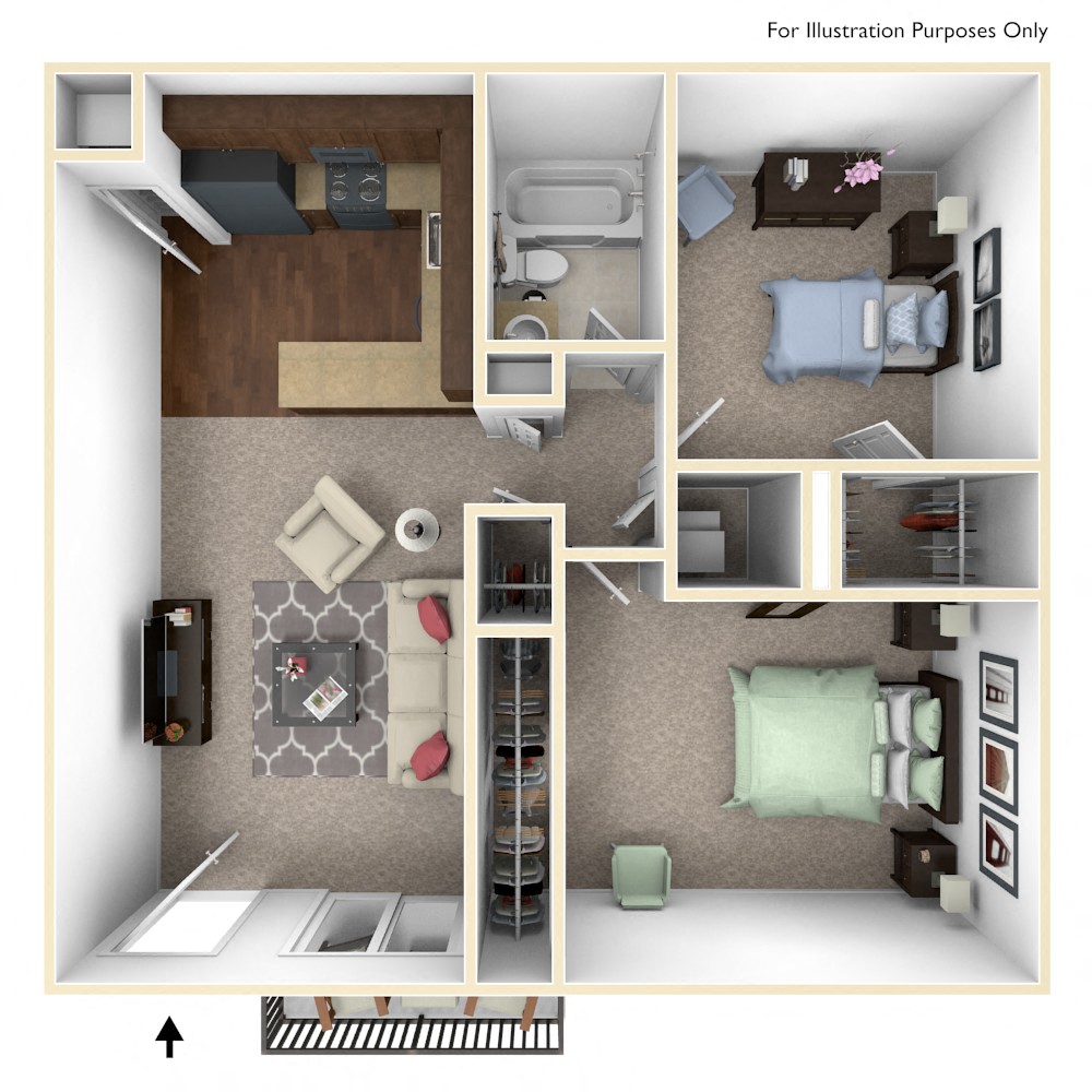 Floor plan for 2 beds, 1 bath, 742 sqft