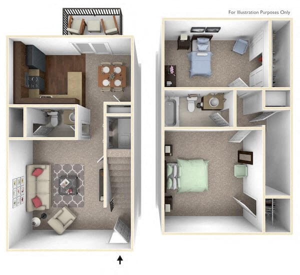 Floor plan for 2 beds, 1.5 baths, 950 sqft