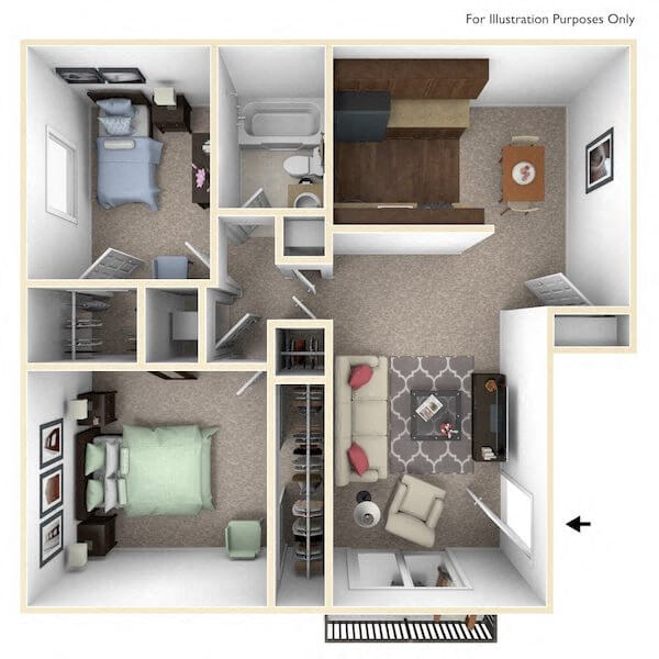 Floor plan for 2 beds, 1 bath, 783 sqft