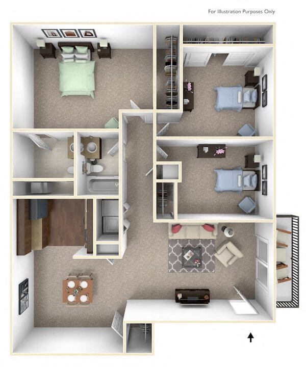 Floor plan for 3 beds, 1.5 baths, 990 sqft