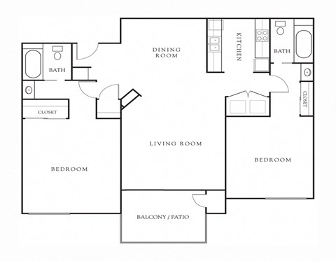 Floor plan for 2 beds, 2 baths, 966 sqft