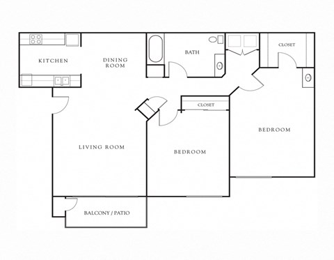 Floor plan for 2 beds, 1 bath, 882 sqft