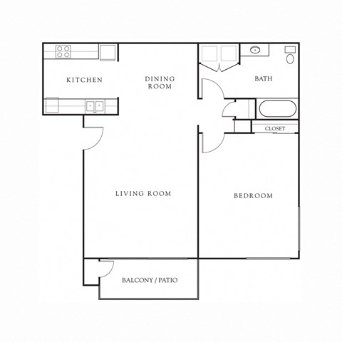 Floor plan for 1 bed, 1 bath, 716 sqft