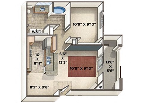 Floor plan for 1 bed, 1 bath, 707 sqft