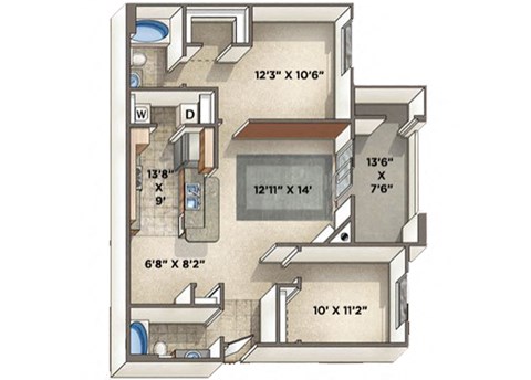 Floor plan for 2 beds, 2 baths, 992 sqft