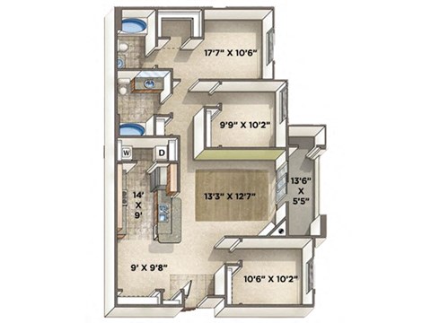 Floor plan for 3 beds, 2 baths, 1231 sqft