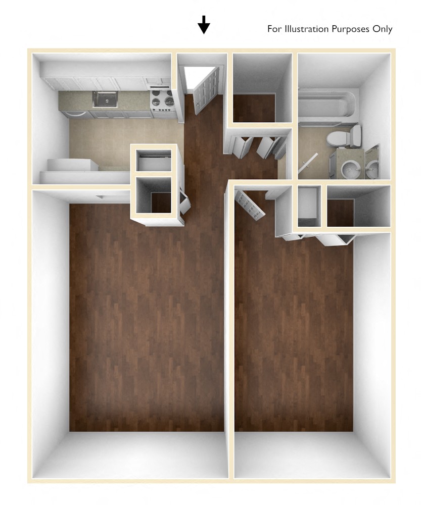 Floor plan for 1 bed, 1 bath, 651 sqft