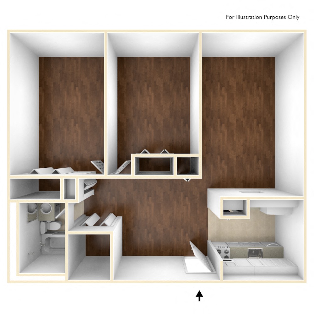 Floor plan for 2 beds, 1 bath, 641 sqft